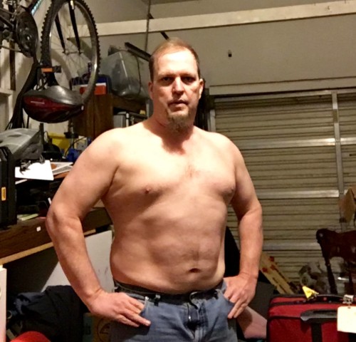 Me, August 2015.  Far from flat stomached - there's some serious love handles going there - but geez, I'm not that bad either.
