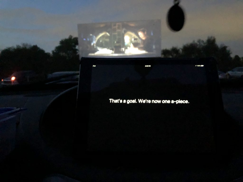 Example of captions being used at our local drive-in theater for Avengers: Endgame
